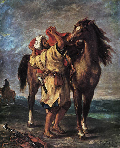 A Moroccan Saddling a Horse Eugene Delacroix